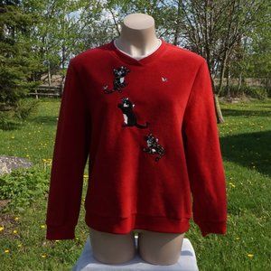 Red Fleece Kitten Crewneck Sweater